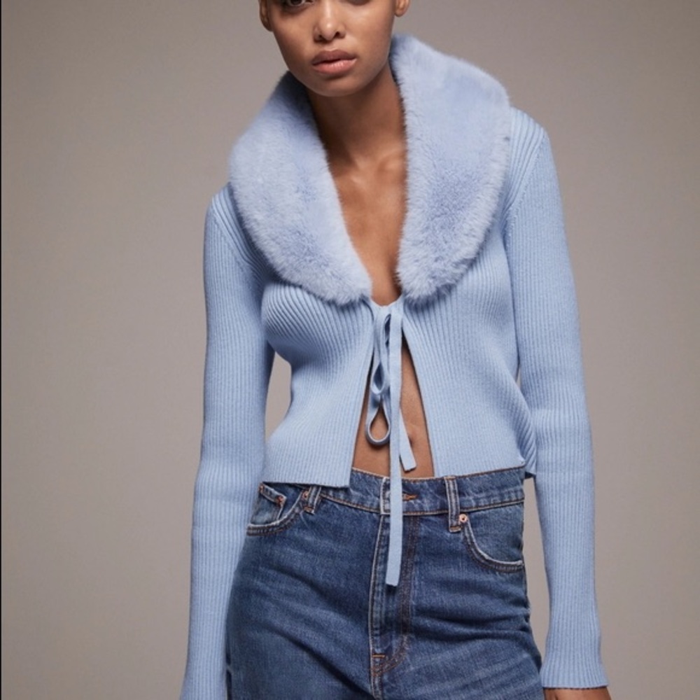 Zara blue faux fur trim knit cardigan